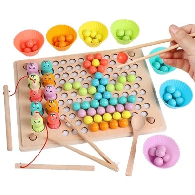 3 IN 1 Fishing Game Memory Chess Clip Beads Wooden Toys for 3 4 5 6 Years Kids