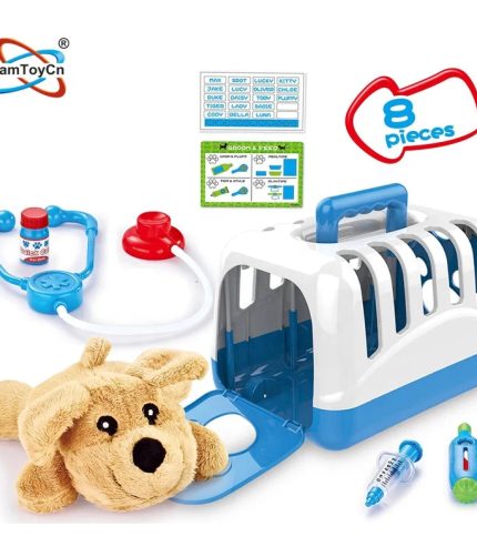 Cute Puppy Soft Plush Dog Pretend Play Examine and Treat Pet Vet Play Set With Plastic Cage