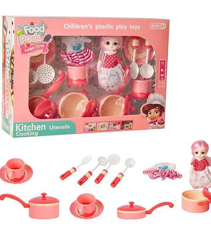 Girl Cooking Toy Set Plastic Pretend Play Pink Kitchen with Doll ABS