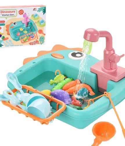 Kids Electric Dinosaur Dishwasher Play Double Fishing Mode Faucet Water Tap Dish Kitchen Sink Toy for Kids Pretend Play