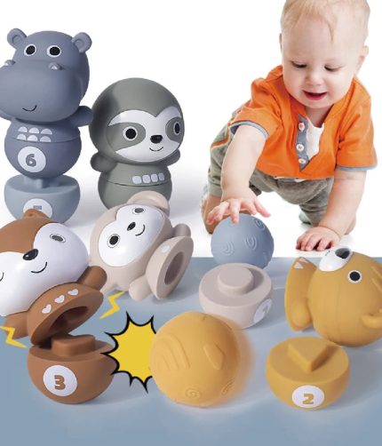 Kids Learning Soft Silicone Stacking Animal Zoo Rollers Bowling Color Number Shape Match Game Other Baby Toy for 6 to 12 Months