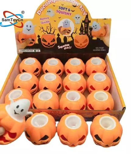 12 PCS Halloween Decorations LED Light TPR Ghost Soft Fidget Sensory Pumpkin Squeeze Toy for Halloween Gift