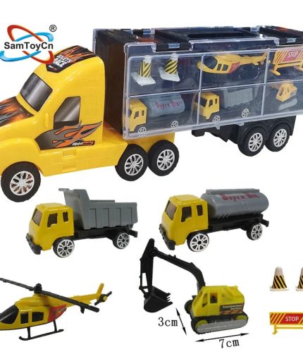 Samtoy 1:35 8PCS Engineering Military Fire Police Alloy Friction Die Cast Metal Model Car Container Truck Toy for Kids