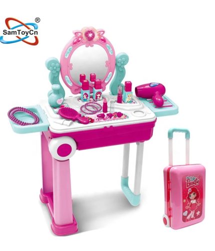 2 in 1 Preschool Beauty Dresser Table Pretend Play Set Girls Cosmetic Make up Toys with Suitcase