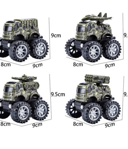 4PCS Small Die Cast Truck Model 360 Rotation Stunt Military Toys Friction Power Toy Cars