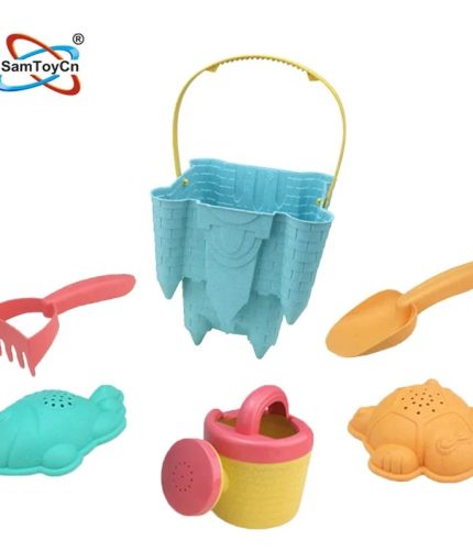 Samtoy 6PCS Wheat Straw Summer Kids Outdoor Model Sand Buckets Beach Toy Sand Castle Set for Kids