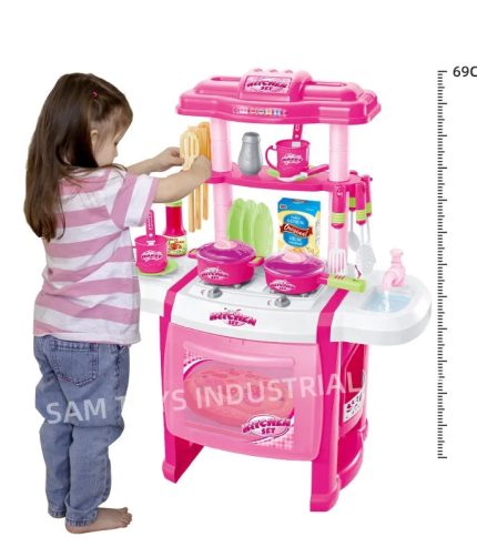 74CM Modern Role Pretend Play Preschool Tableware Table Kids Cooking Game Girl Pink Kitchen Toys with Music and Light Up