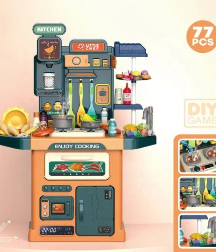 77PCS DIY Simulation Sound Lights Spray Cooking Play Set Large Dining Table Pretend play Game Big Toy Kitchen Set for Kid