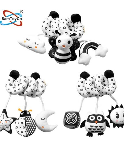 Samtoy Black White Musical Baby Crib Car Seat Stroller Activity Spiral Plush Hanging Toy Stroller Toy for 0 6 Months Newborns