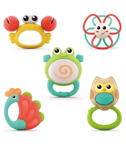 Samtoy Cartoon Animal Shaker and Spin Rattle Toy Soft Sensory Gift Set Silicone Rattle Toy Set for Newborn Babies