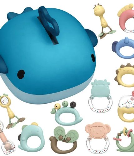 Eco-friendly Boiled Hand Bell Storage Box Bell 13PCS Custom Chew Silicone Baby Rattles Teether Toys Set for Newborn Toys