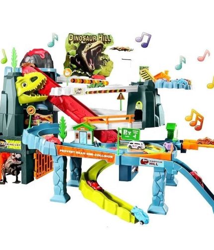 Electrical Climbing Sliding Volcano Eruption Railcar Slot Car Vehicle Race Play Set Dinosaur Adventure with 8 Mini Cars