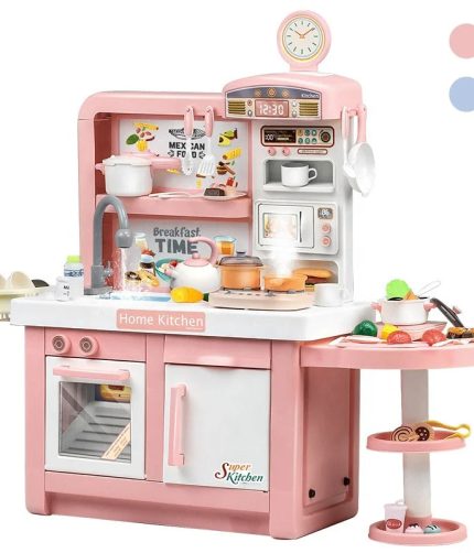 Samtoy Girls Pink Plastic Cabinet Tableware Pretend Role Play Food Toy Kitchen Spray Cooking Set Toys for Kids