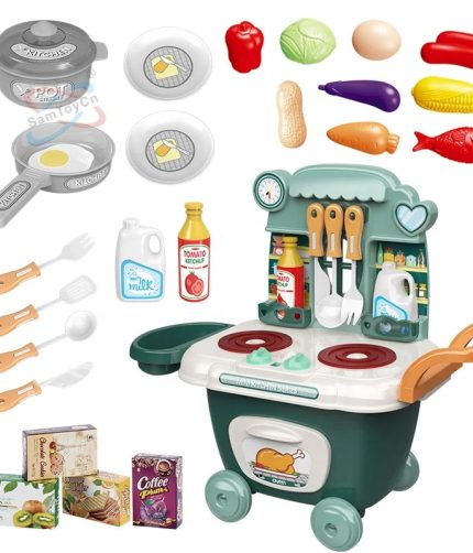 Samtoy House Pretend Play Girl Kitchen Simulation Portable Cooking Game Mini Kitchen Toys Cooking Set for Kid with Storage Cart