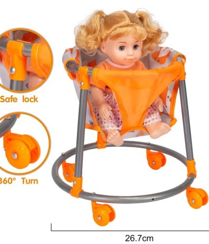 Samtoy New Arrival Orange Iron Pretend Play Multifunctional 360 Degrees Turn Folding Baby Reborn Doll Walker Toy with Girl Doll