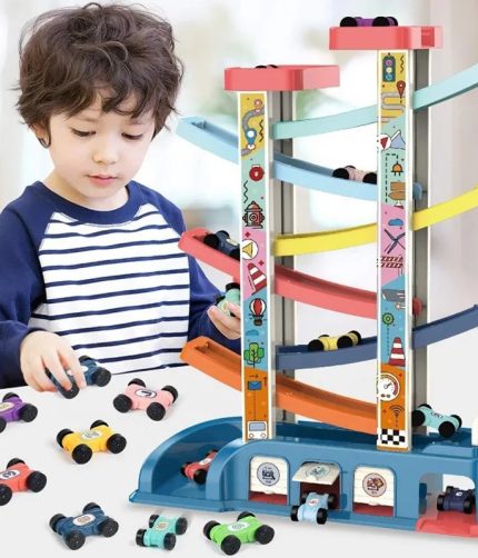 New Design 6 Floors DIY Funny Slot Game Toy Sliding Ramp Rail Car Race Track Set Toys with 8 Mini Cars