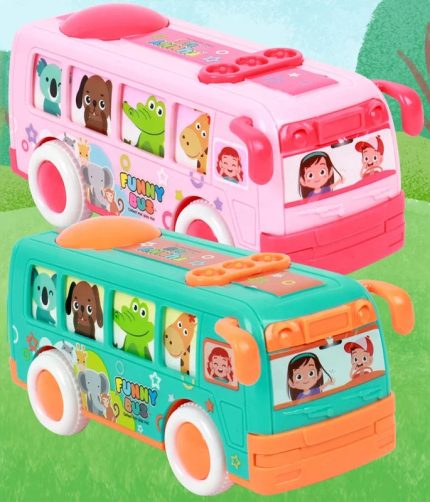 Pink Green Cartoon Animals Plastic Small Pull Back Friction Power Toy Cars Bus Toy for Kids