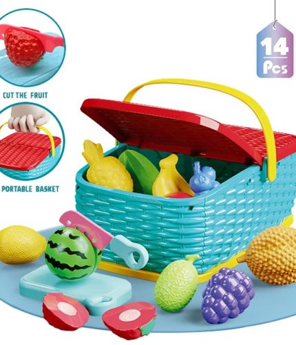 14pcs Plastic Realistic Portable Kids Kitchen Set Toy Pretend Play Food Vegetable Cutting Fruit Toy with Hand Basket