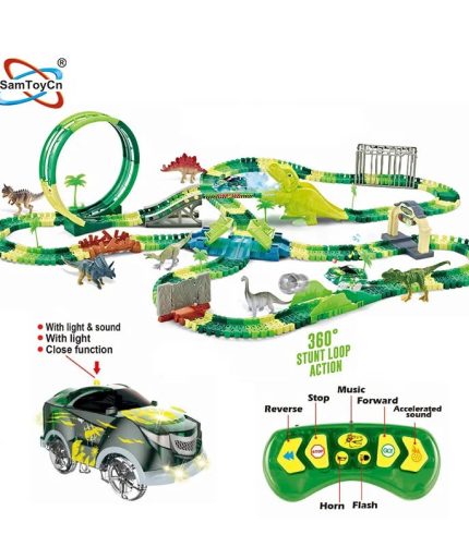 Spray Dinosaur World 360 Rotate Loop Flexible Track 2.4G 6CH RC Rail Car Slot Toys