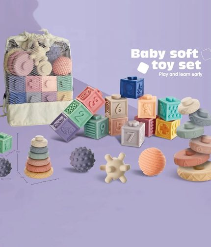 Squeeze Cube Toy Baby Teething Bite Rubber Play Silicone Stacking 3D Embossed Soft Gum Number Building Block for Baby